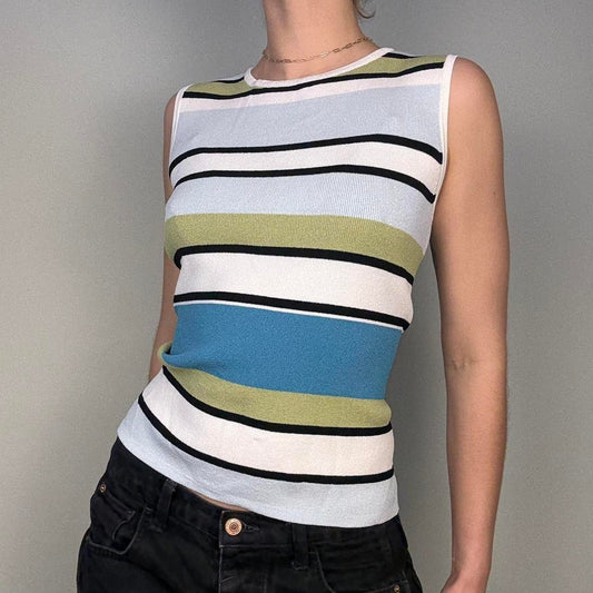90s striped minimal high neck fitted tank - size S from Geoffrey Beene Sport
