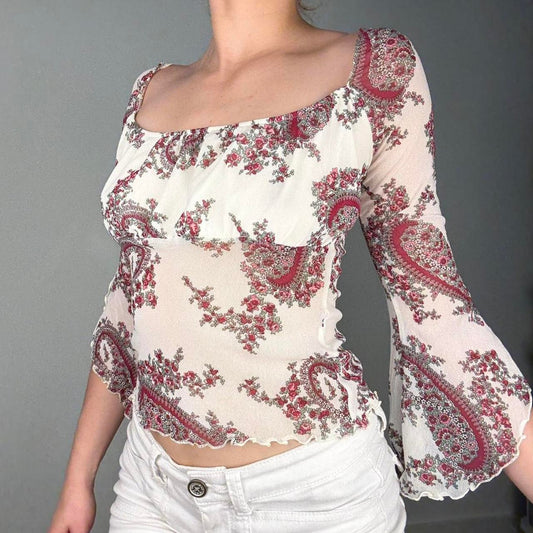 Floral boho mesh blouse bell sleeves -size XS/S from Clockhouse