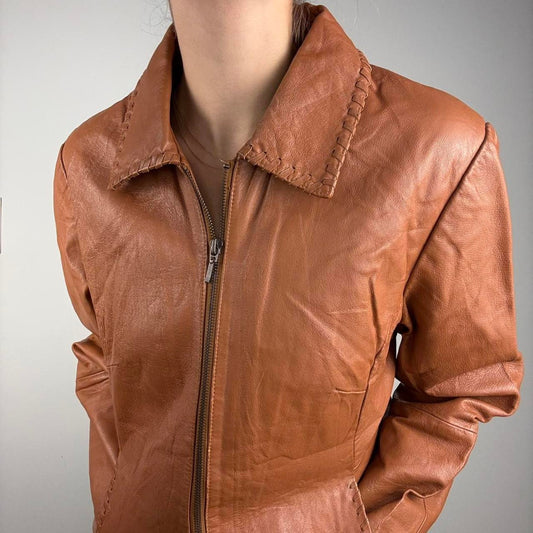 Light brown fitted leather jacket collared western details - size S from Fashion Concept