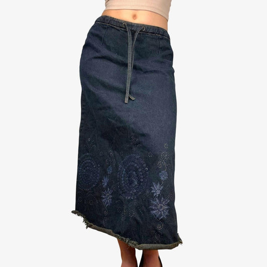 Denim midi skirt y2k floral printed drawstring - size S from Harvé Benard