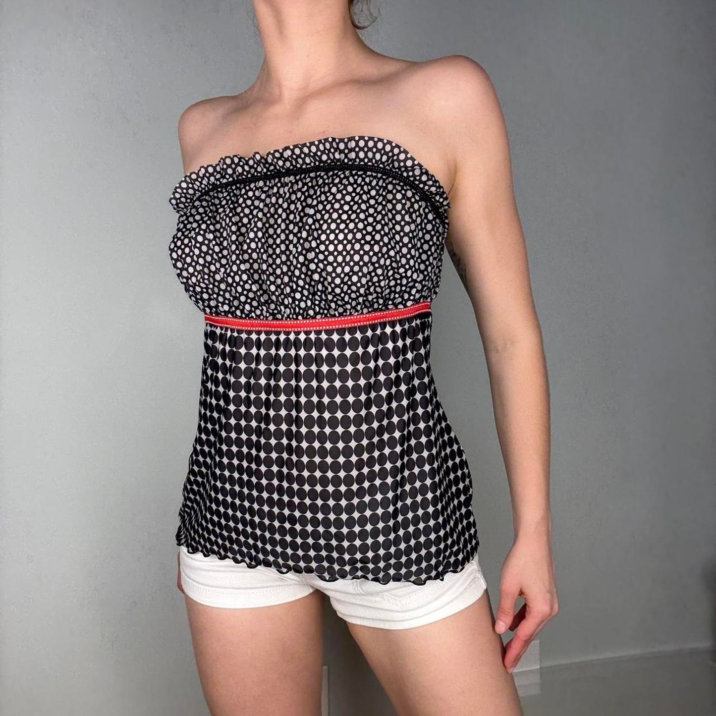 Black white polka dot strapless babydoll top - size M from Charlotte