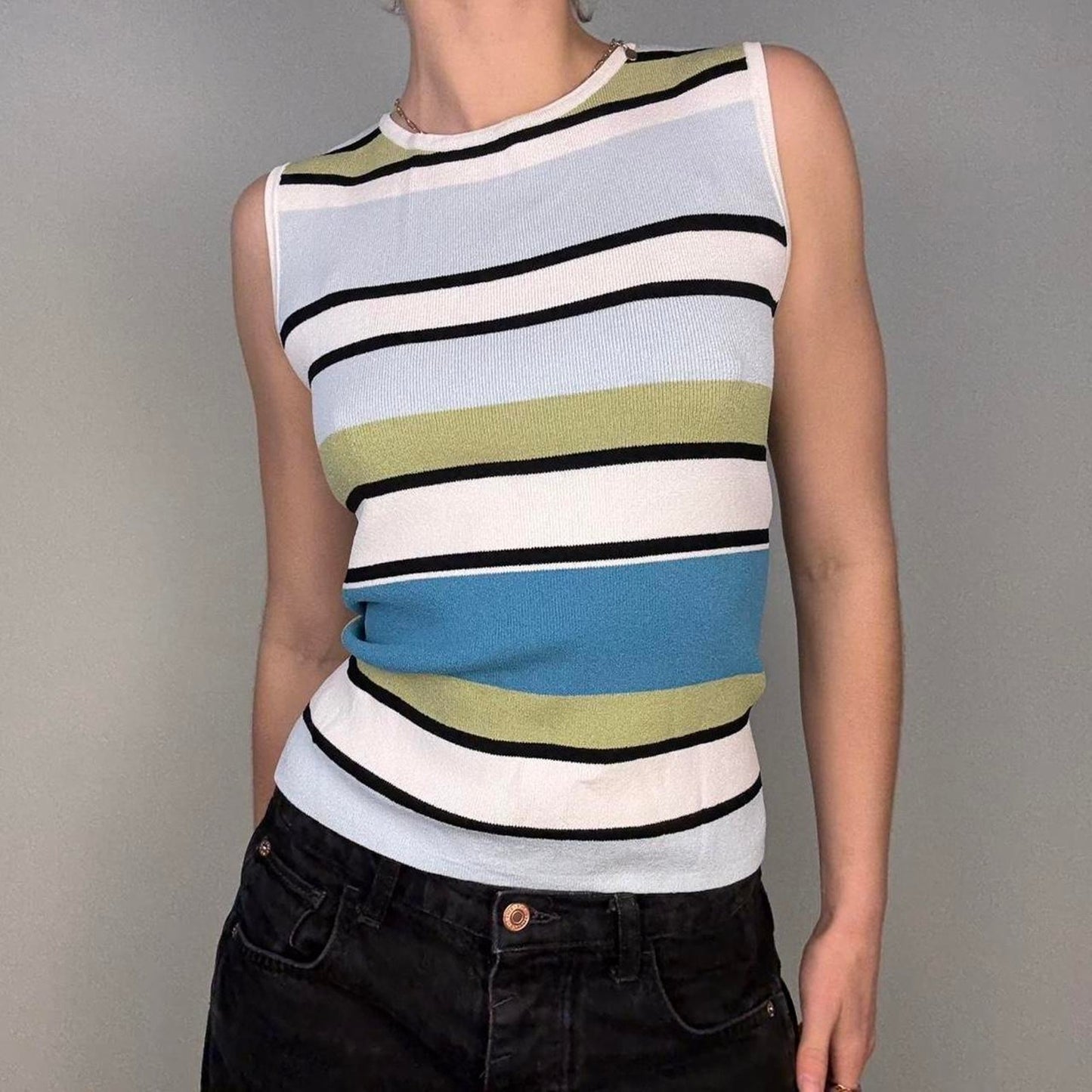 90s striped minimal high neck fitted tank - size S from Geoffrey Beene Sport