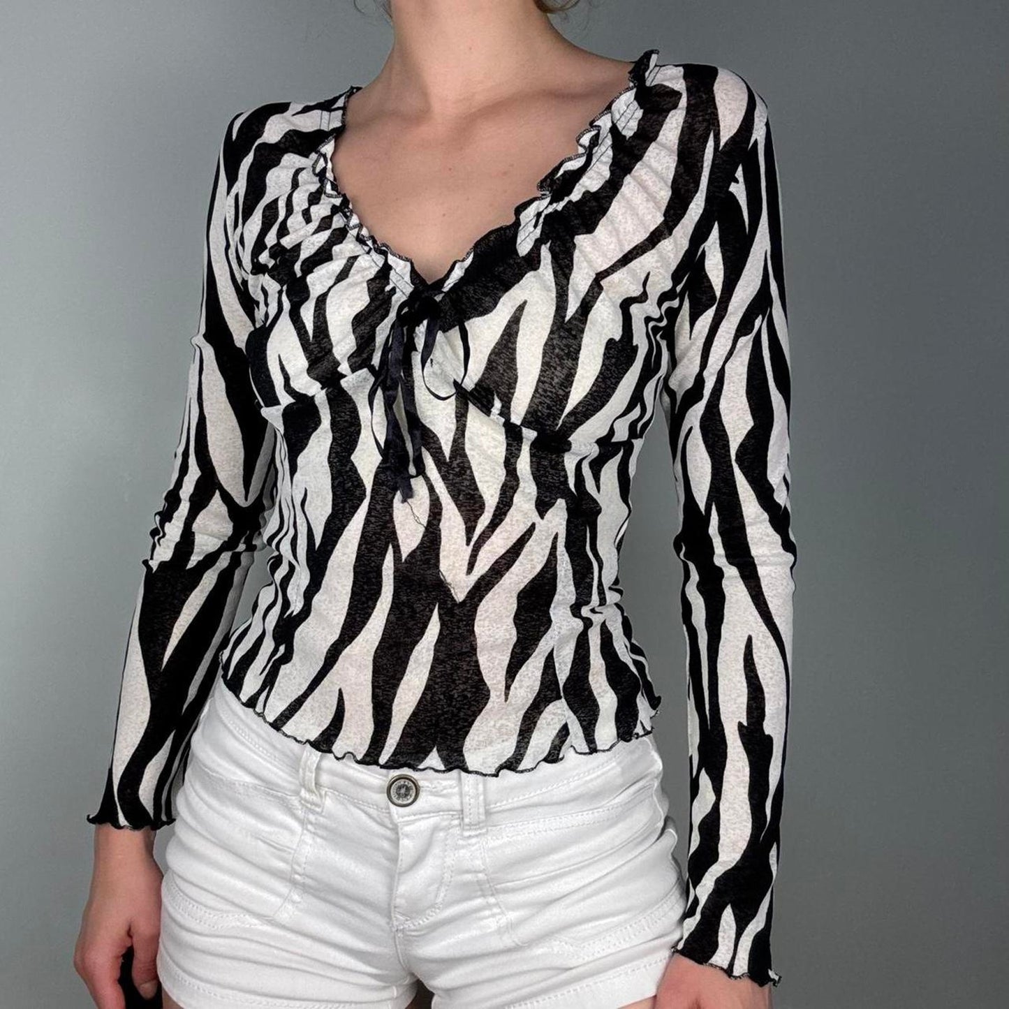 Mesh black white zebra print ruffle long sleeve top - size XS from Rinascimento