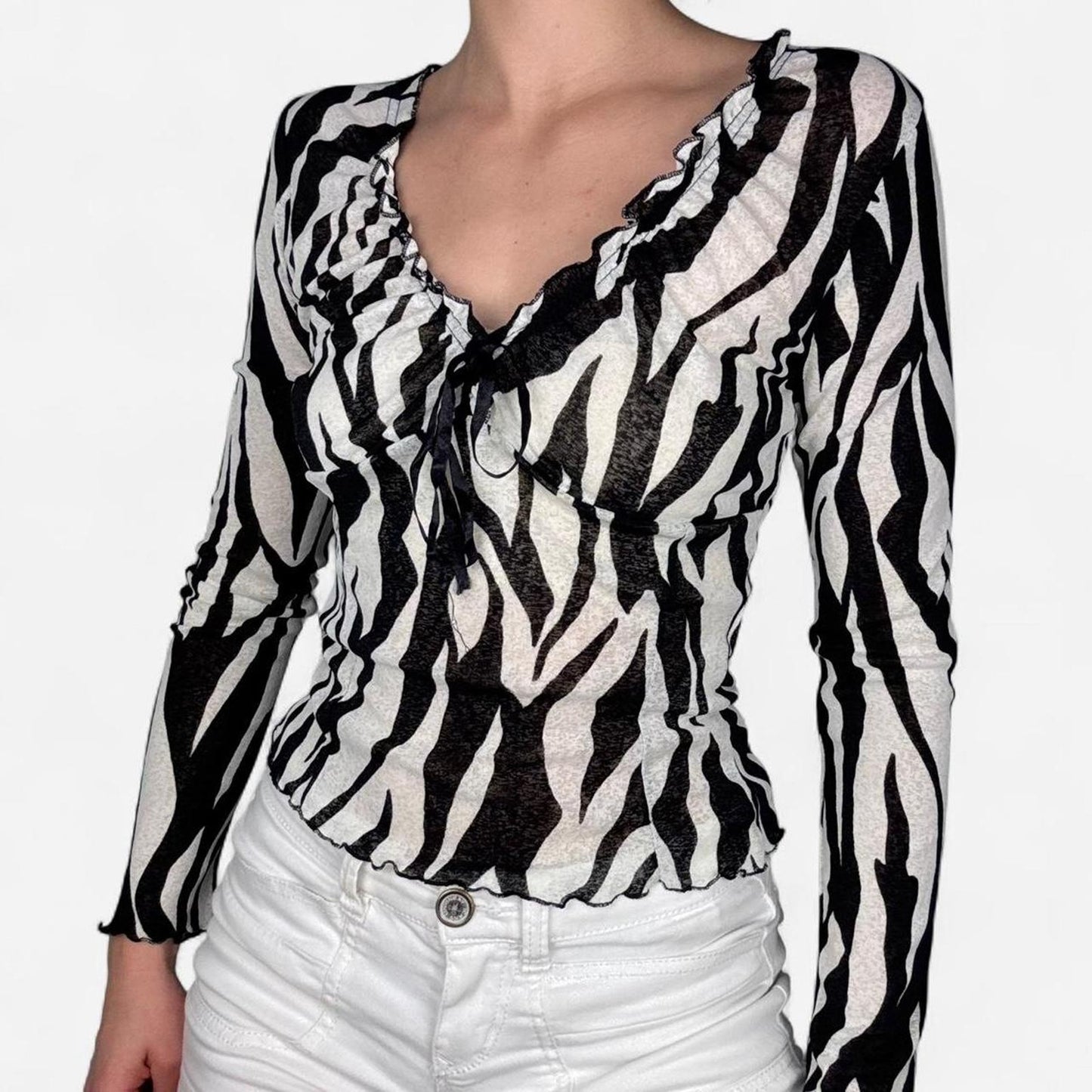 Mesh black white zebra print ruffle long sleeve top - size XS from Rinascimento