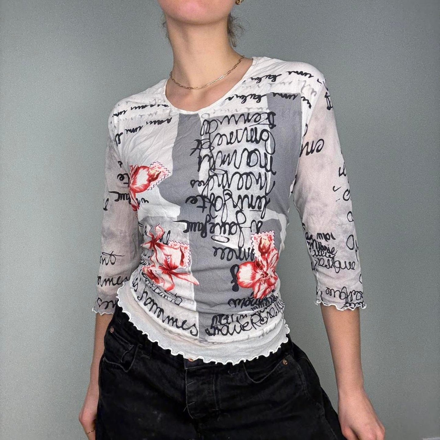 Mesh y2k graphic top 3/4 sleeve top - size M from Biba