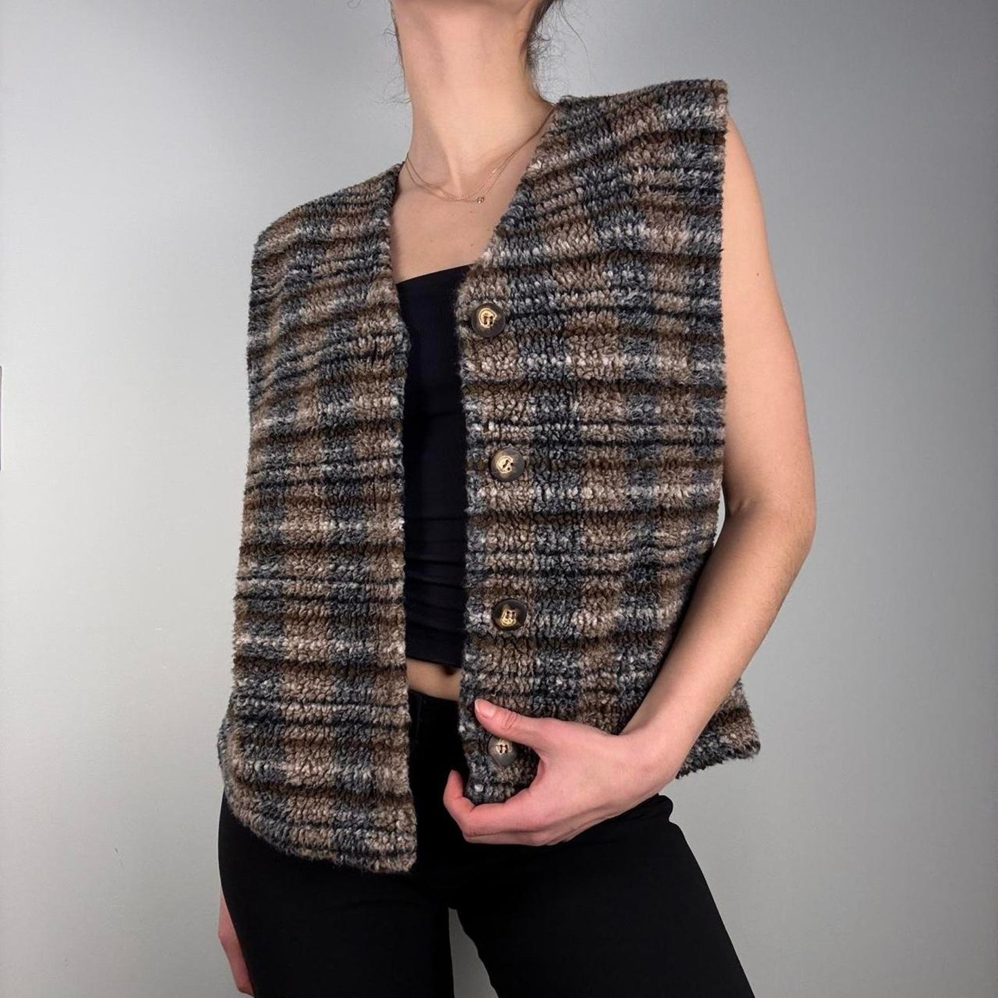 Vintage striped brown blue fuzzy vest -  size S from Liz & Co