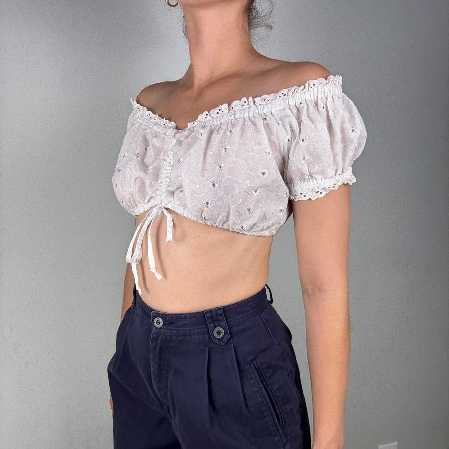 White eyelet off the shoulder cropped top - size small from Country Line