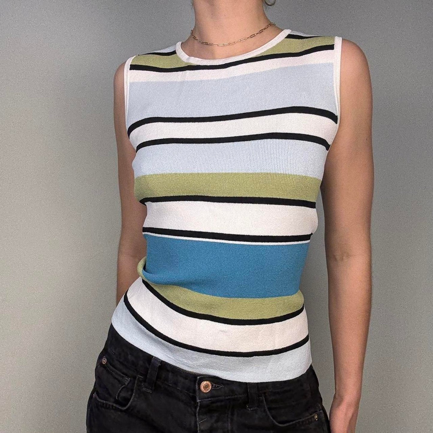 90s striped minimal high neck fitted tank - size S from Geoffrey Beene Sport