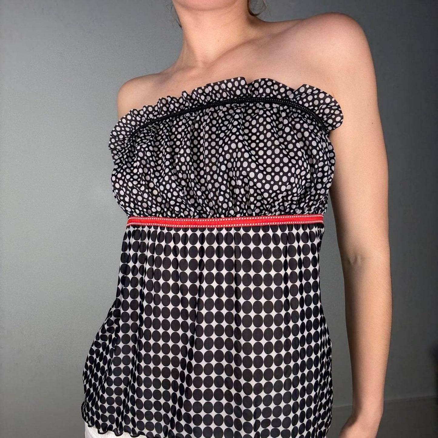 Black white polka dot strapless babydoll top - size M from Charlotte