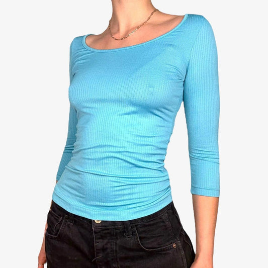 Y2K fitted ribbed blue 3/4 sleeve top - size xs from Freeglobe Dinamic