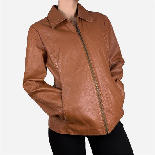 Light brown fitted leather jacket collared western details - size S from Fashion Concept