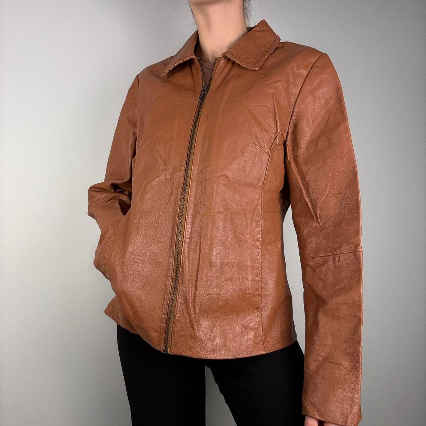 Light brown fitted leather jacket collared western details - size S from Fashion Concept