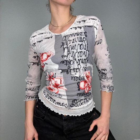 Mesh y2k graphic top 3/4 sleeve top - size M from Biba