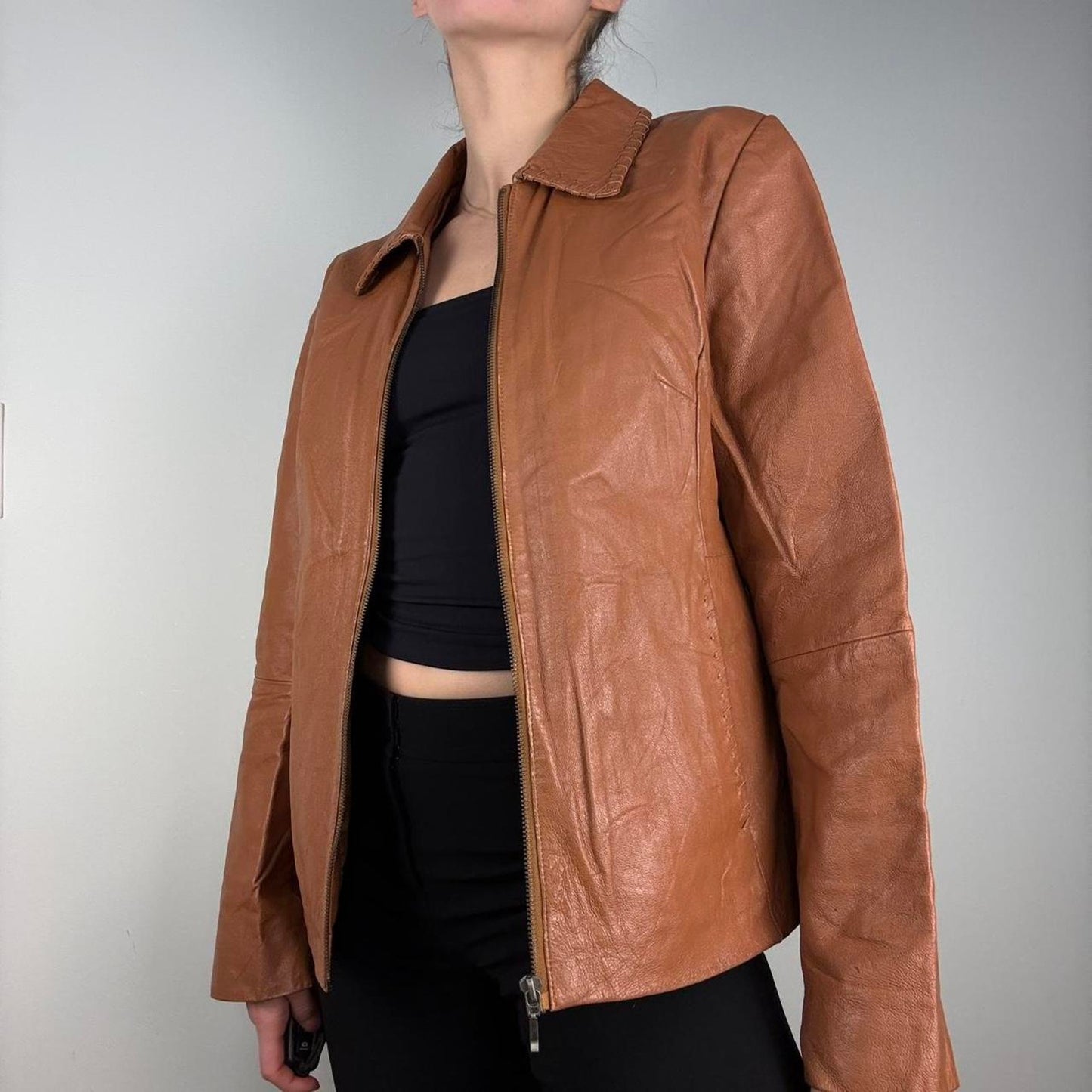 Light brown fitted leather jacket collared western details - size S from Fashion Concept
