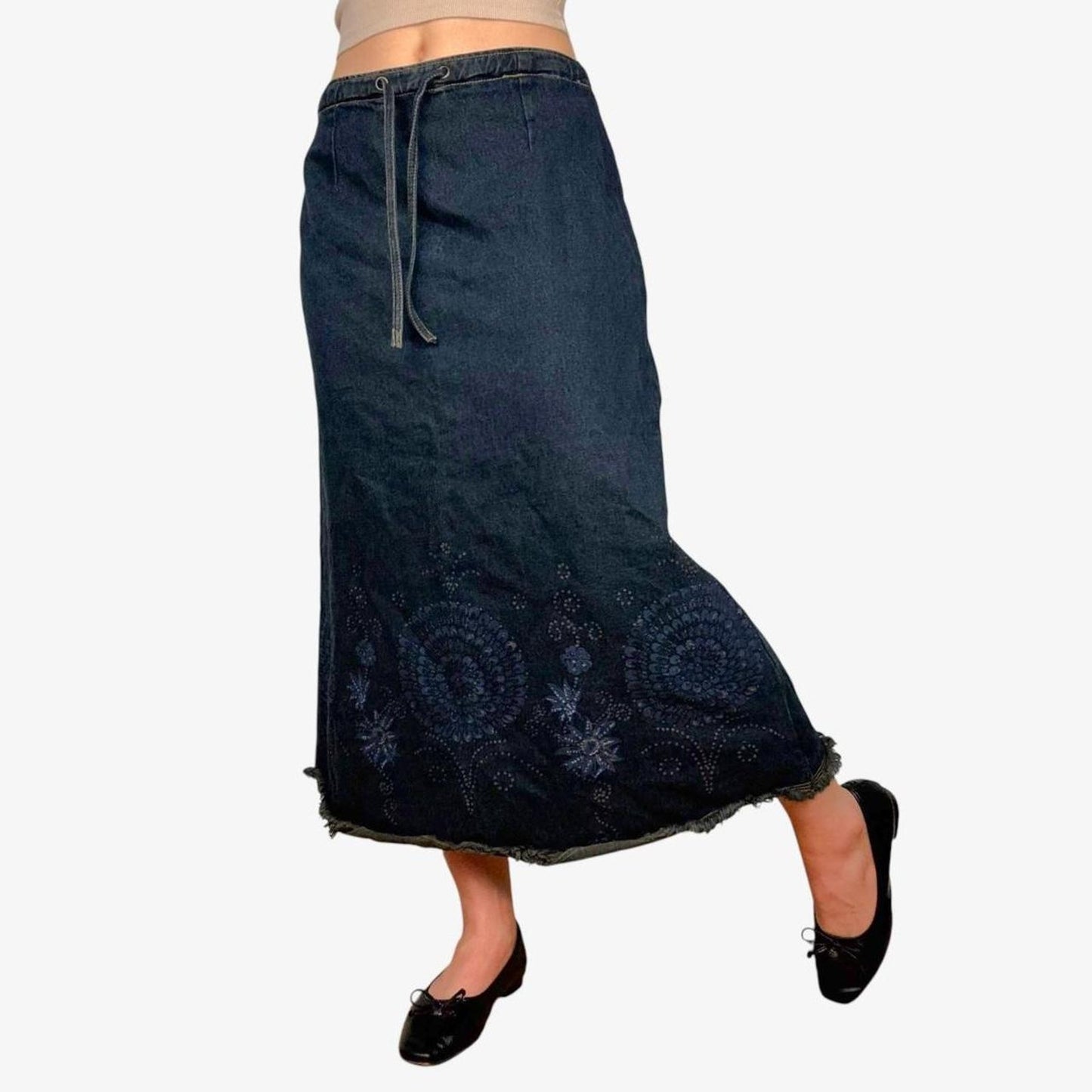 Denim midi skirt y2k floral printed drawstring - size S from Harvé Benard
