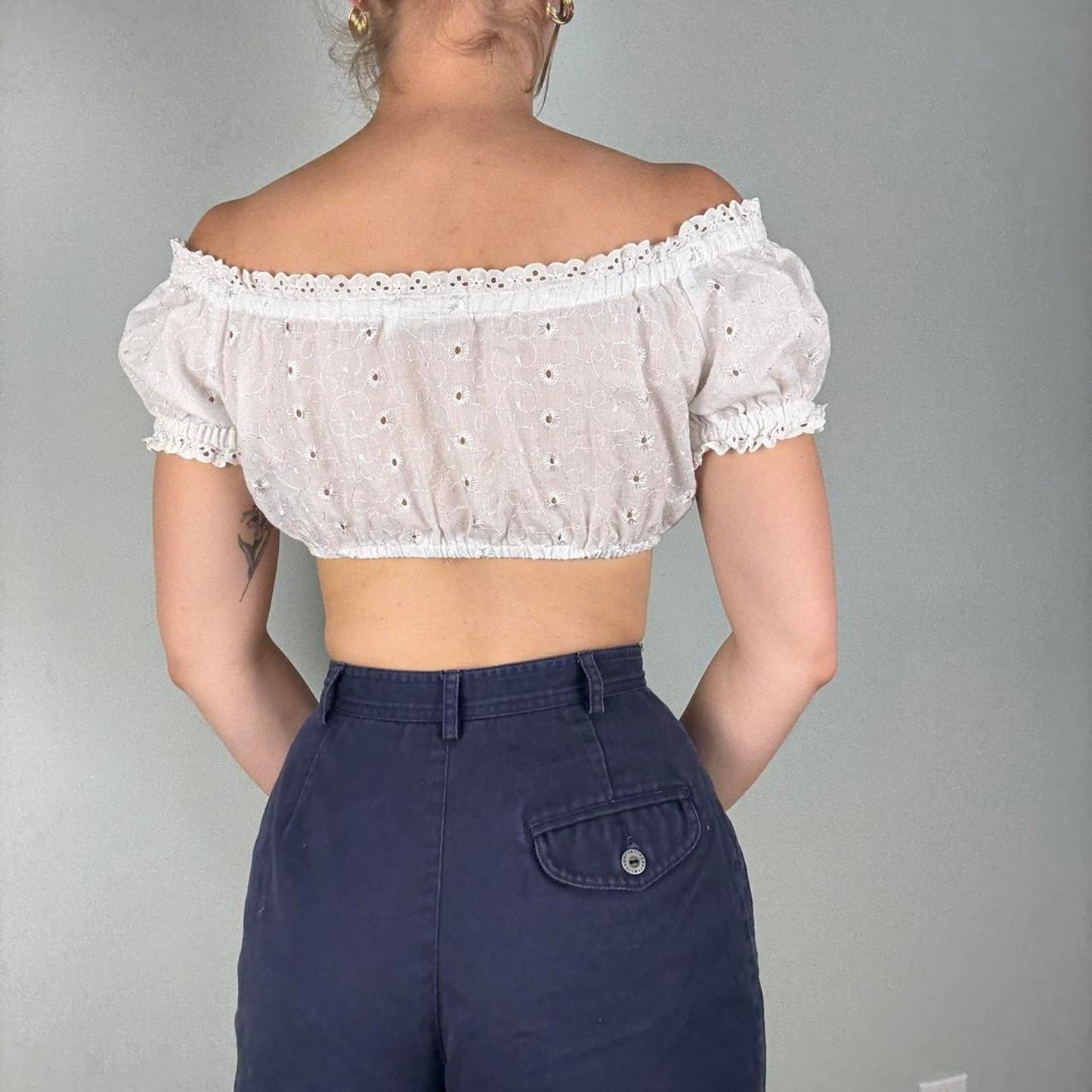 White eyelet off the shoulder cropped top - size small from Country Line