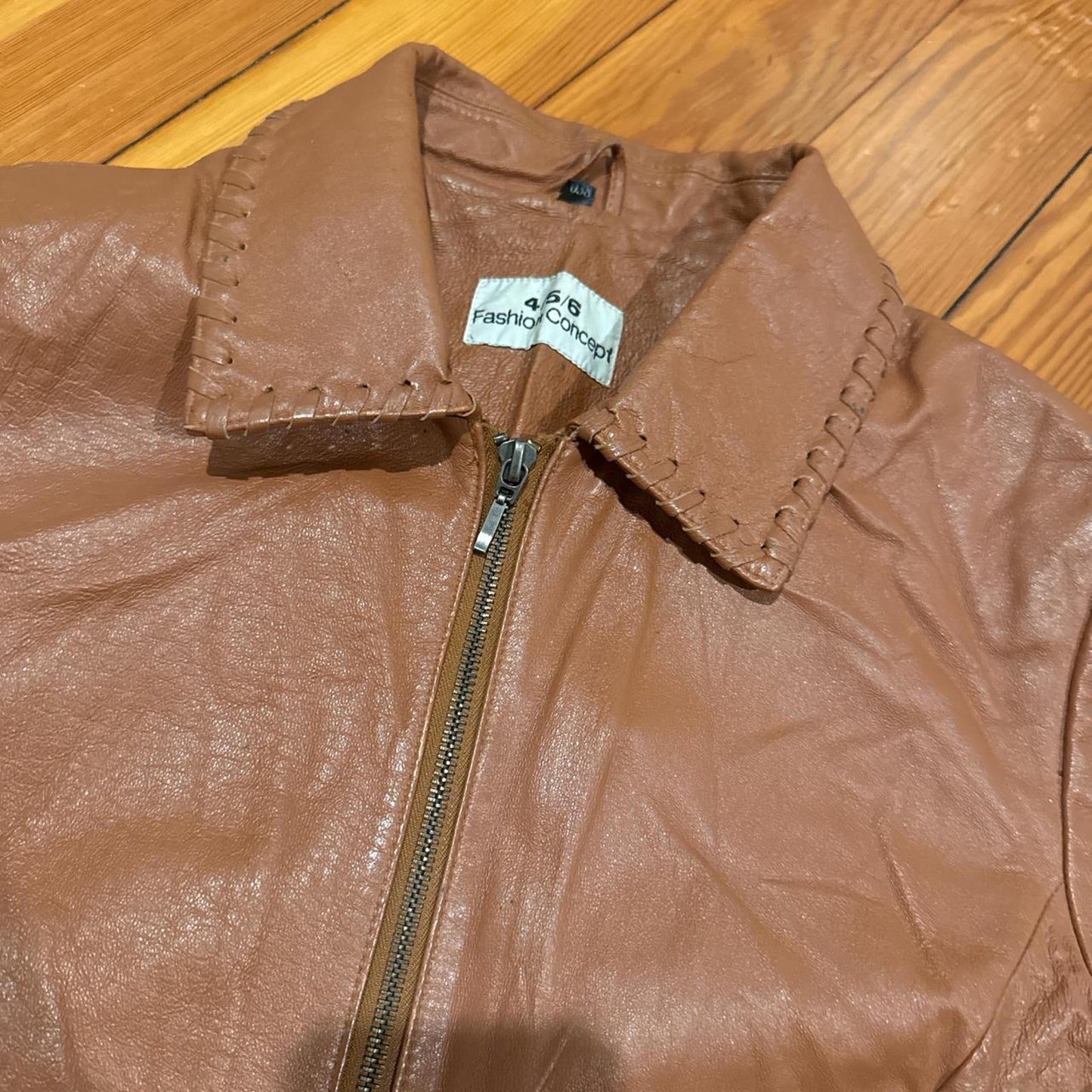 Light brown fitted leather jacket collared western details - size S from Fashion Concept