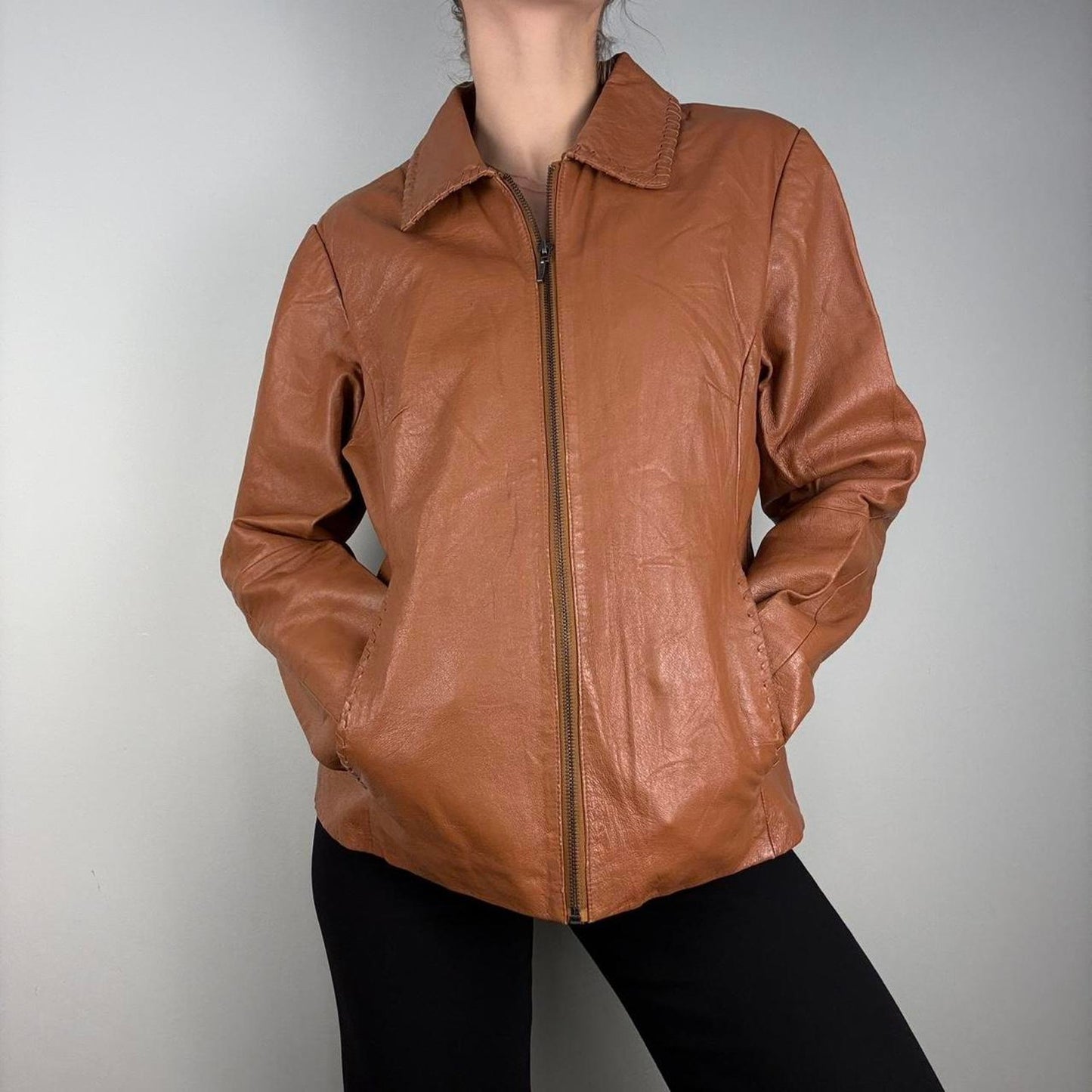Light brown fitted leather jacket collared western details - size S from Fashion Concept