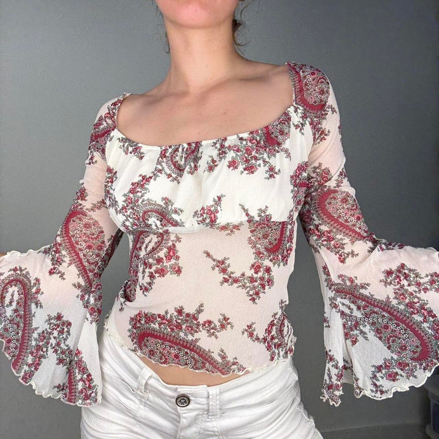 Floral boho mesh blouse bell sleeves -size XS/S from Clockhouse