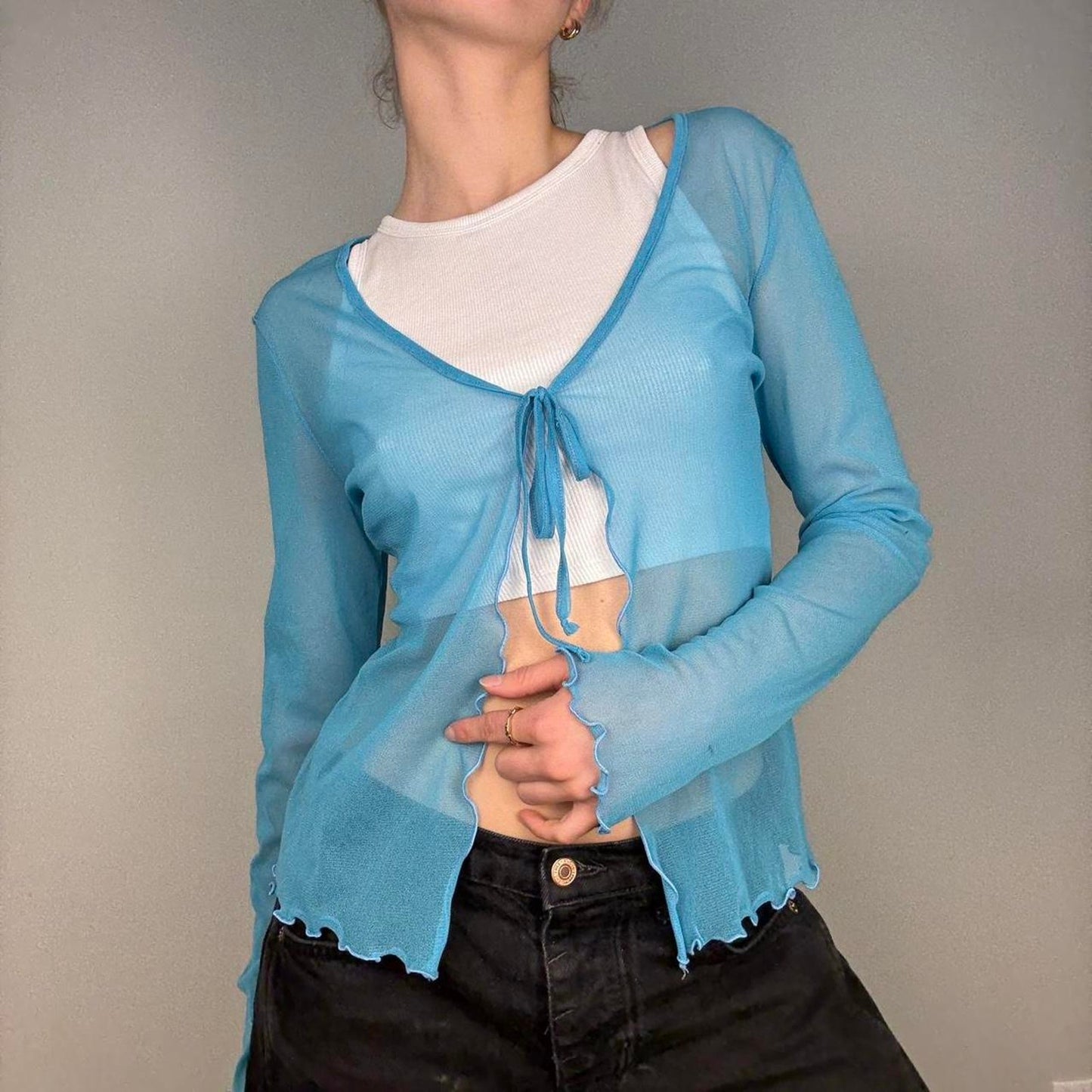Mesh y2k sheer cardigan tie front detail top - size XS from 17 & Co Casualwear