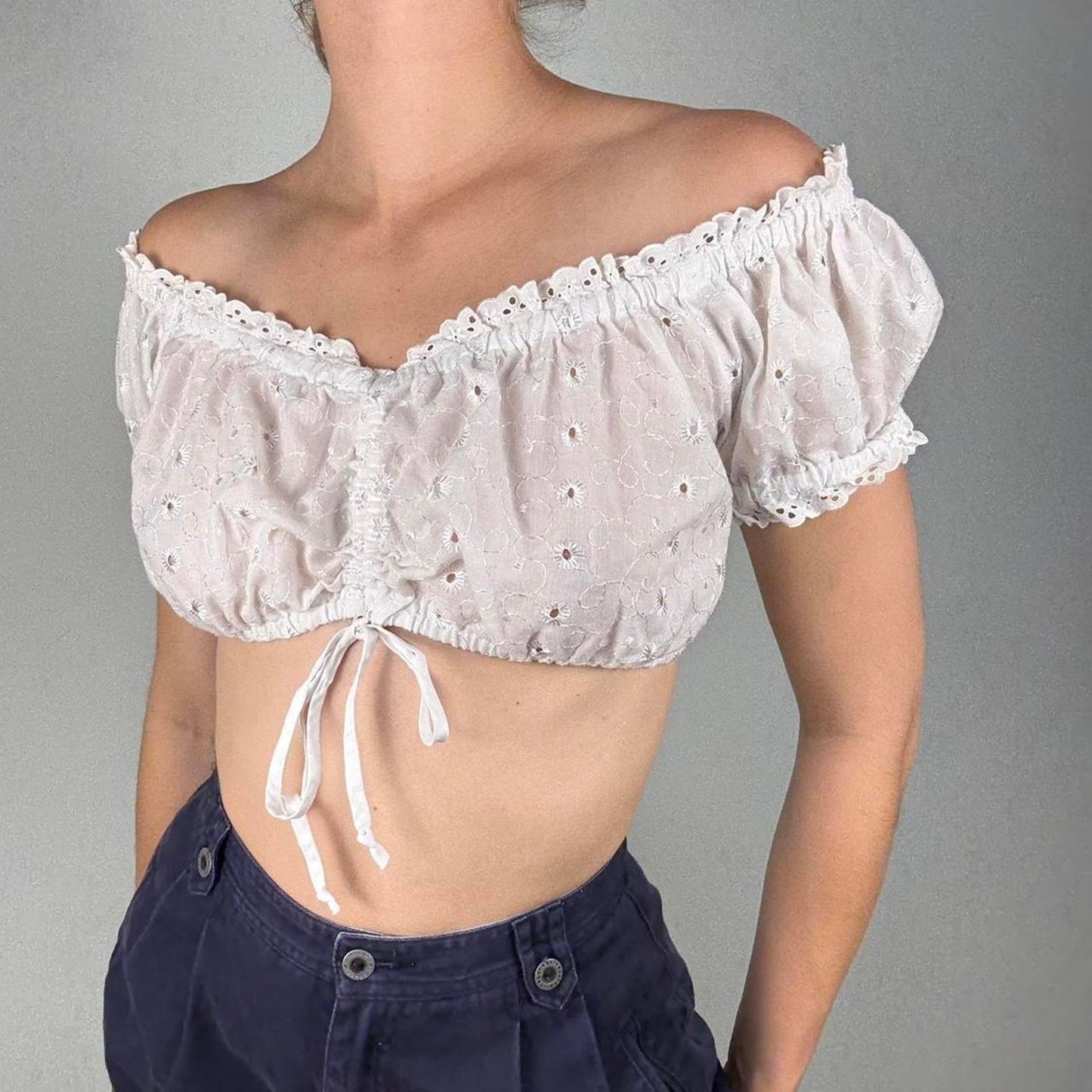 White eyelet off the shoulder cropped top - size small from Country Line