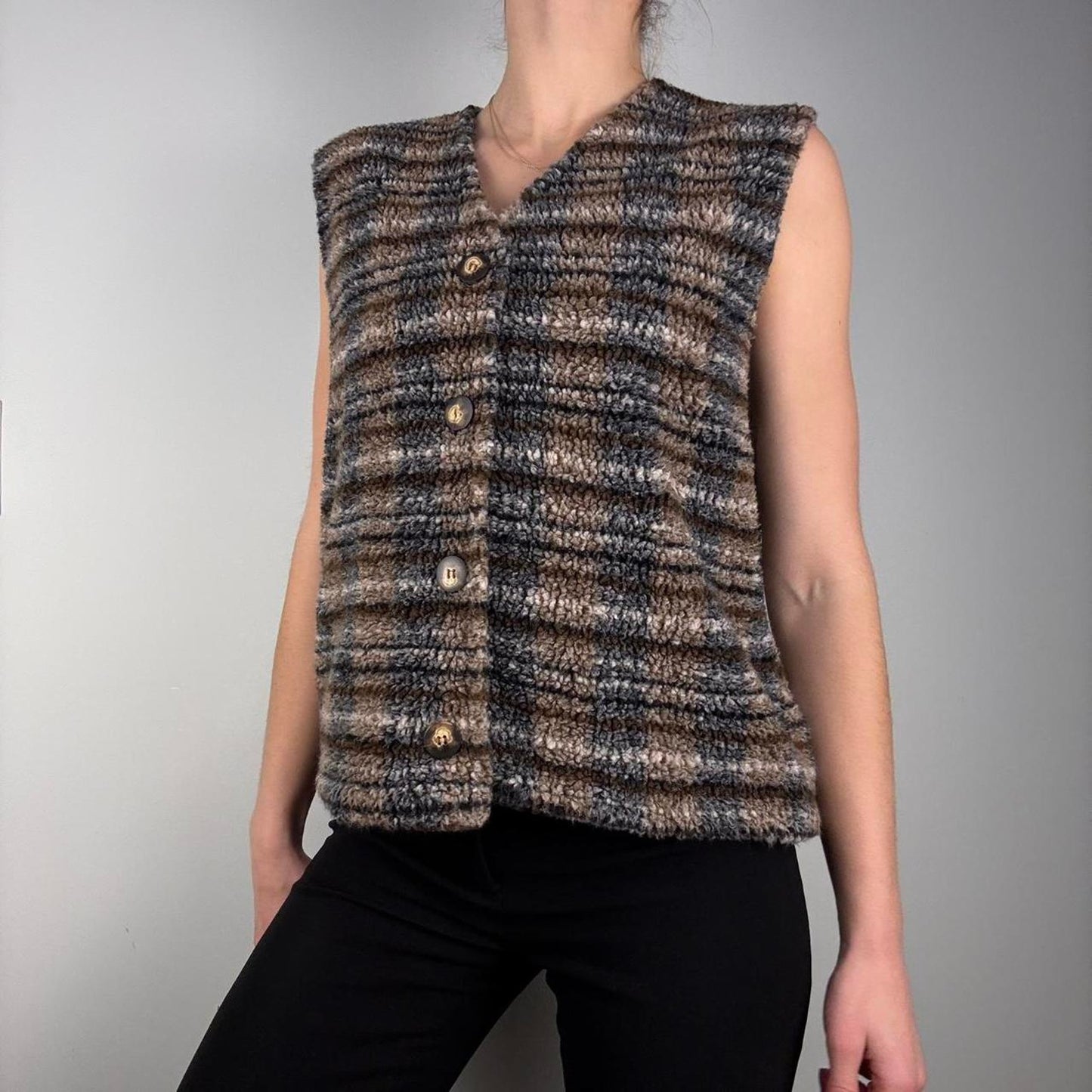 Vintage striped brown blue fuzzy vest -  size S from Liz & Co