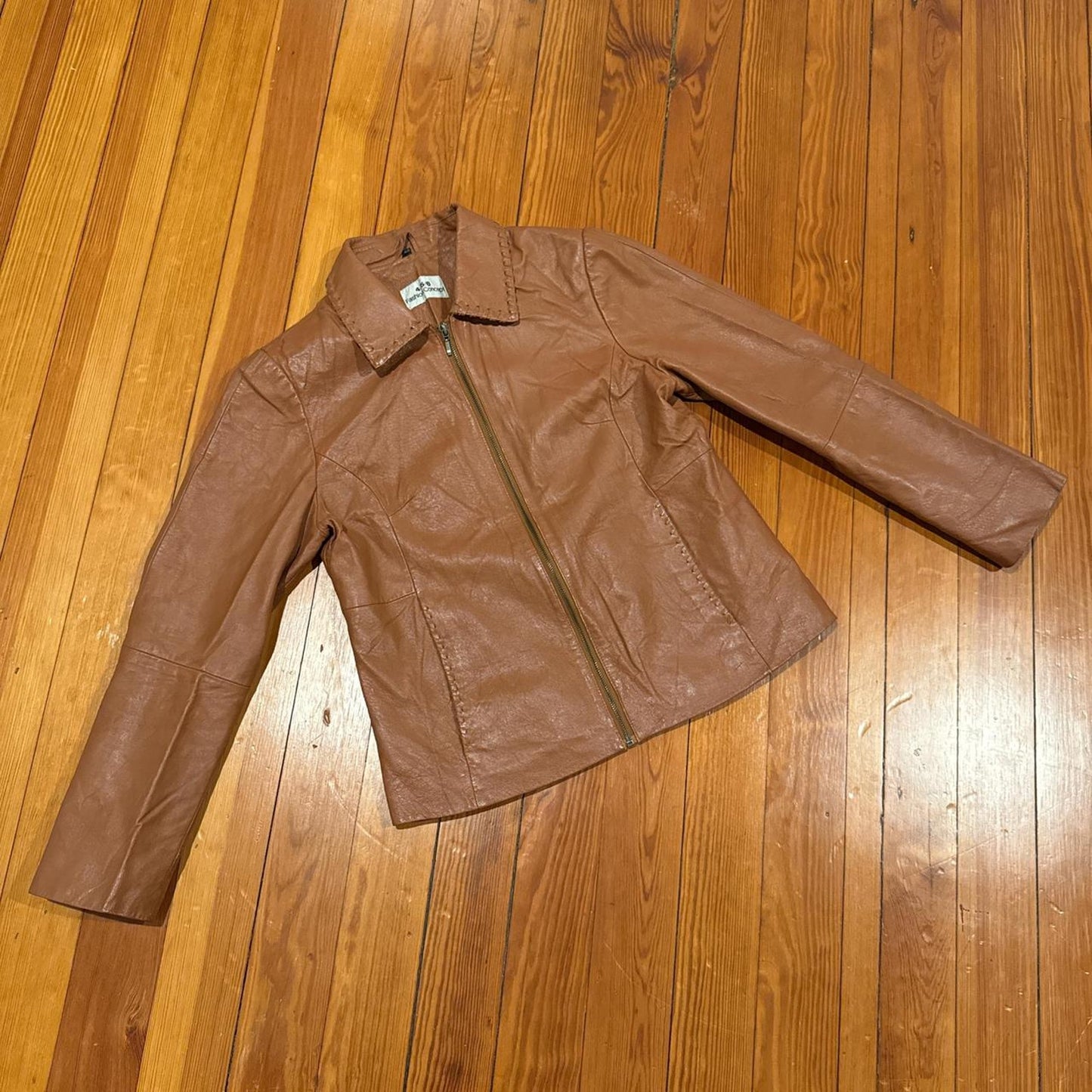 Light brown fitted leather jacket collared western details - size S from Fashion Concept