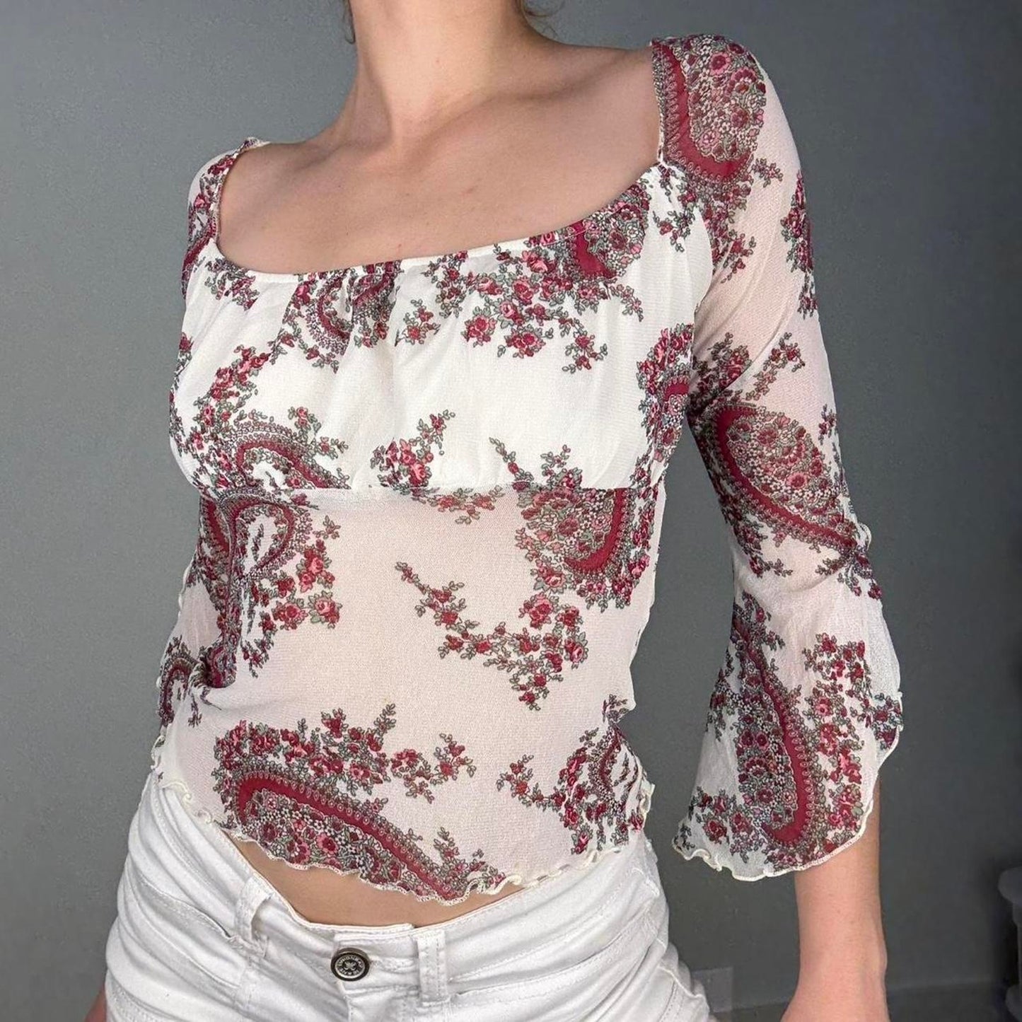 Floral boho mesh blouse bell sleeves -size XS/S from Clockhouse