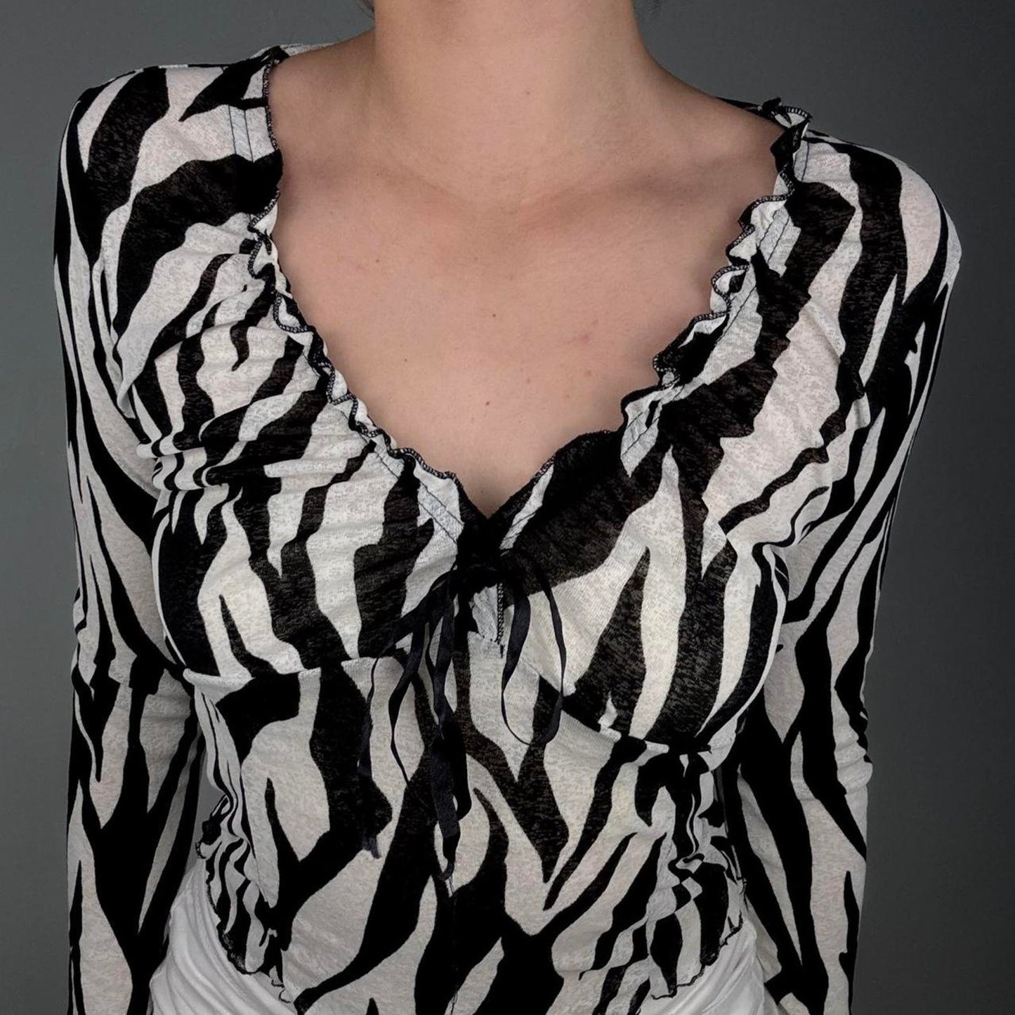Mesh black white zebra print ruffle long sleeve top - size XS from Rinascimento
