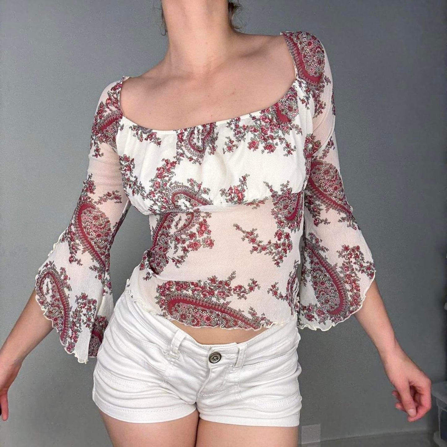 Floral boho mesh blouse bell sleeves -size XS/S from Clockhouse