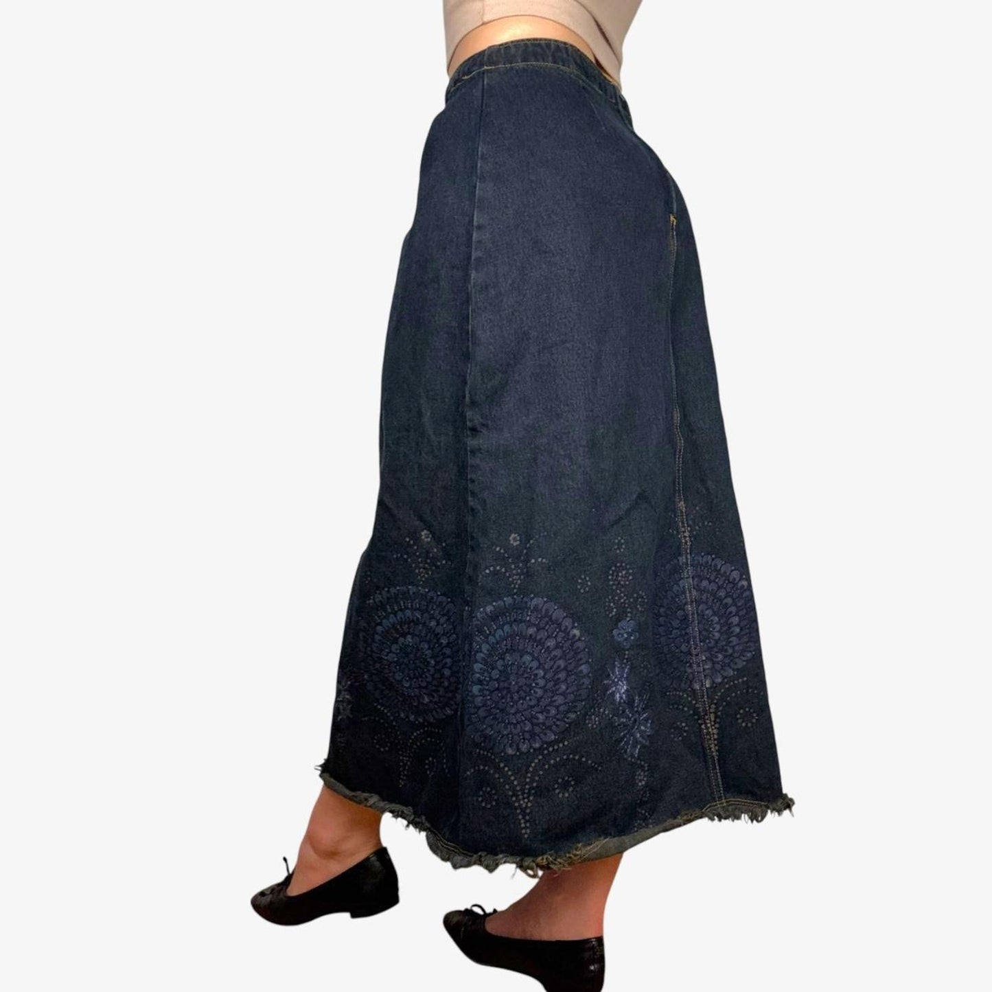 Denim midi skirt y2k floral printed drawstring - size S from Harvé Benard