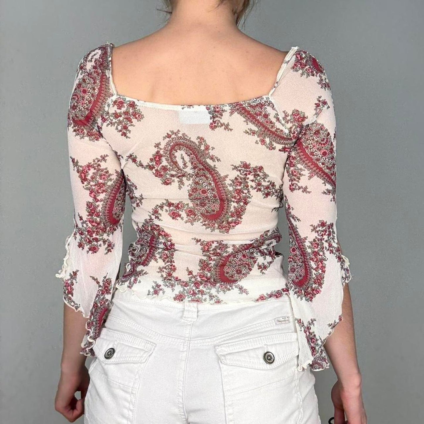 Floral boho mesh blouse bell sleeves -size XS/S from Clockhouse