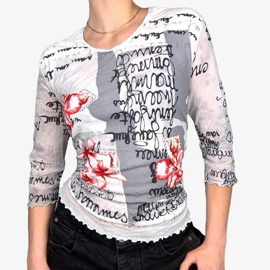 Mesh y2k graphic top 3/4 sleeve top - size M from Biba