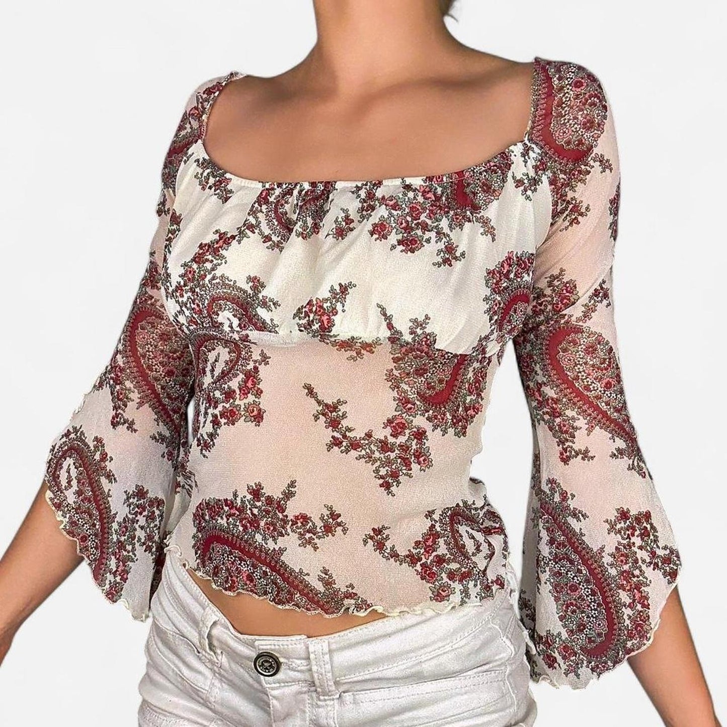 Floral boho mesh blouse bell sleeves -size XS/S from Clockhouse