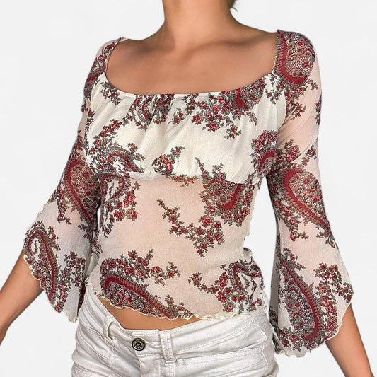 Floral boho mesh blouse bell sleeves -size XS/S from Clockhouse
