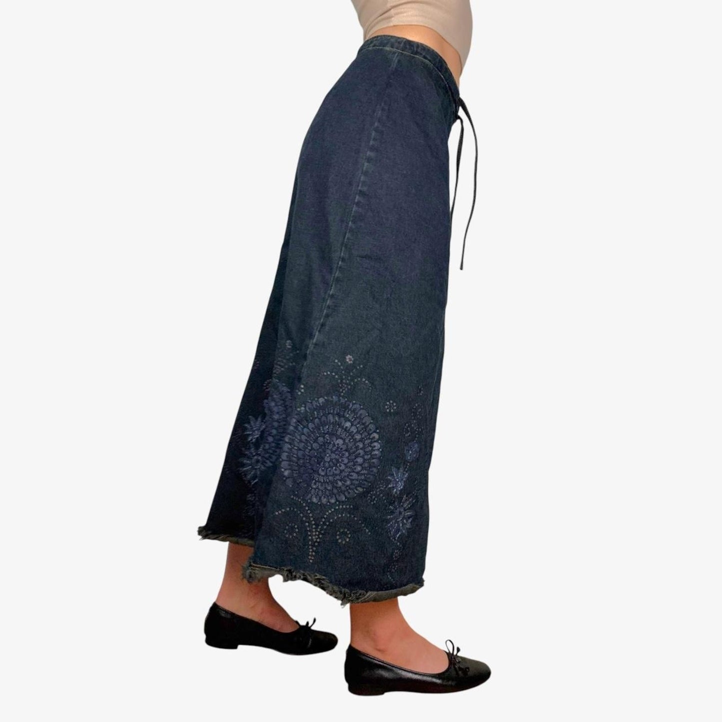 Denim midi skirt y2k floral printed drawstring - size S from Harvé Benard