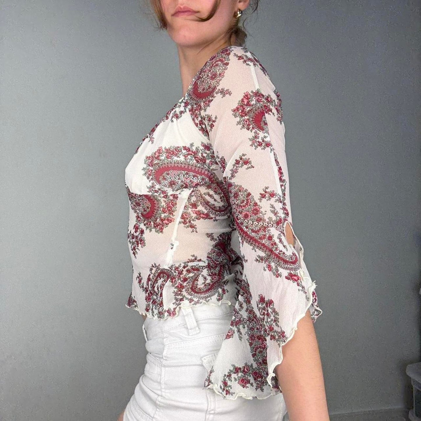 Floral boho mesh blouse bell sleeves -size XS/S from Clockhouse